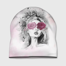 Шапка 3D с принтом Девушка цветы акварель в Белгороде, 100% полиэстер | универсальный размер, печать по всей поверхности изделия | акварель | брызги | губы | дама | девушка | девчонка | краски | листья | мода | модель | пастель | пафос | портрет | розовый | тона | фантазия | цветами | цветок | цветы