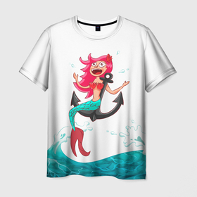 Мужская футболка 3D с принтом Русалка на якоре в Тюмени, 100% полиэфир | прямой крой, круглый вырез горловины, длина до линии бедер | водолей | волна | волны | девочка | девчонка | море | мультик | мультфильм | океан | русалка | русалочка | рыба | рыбка | улыбка | хвост | хвостик | якорь