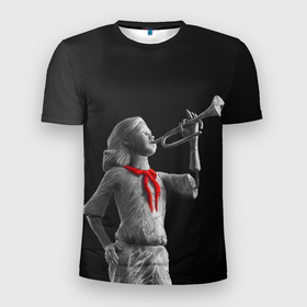 Мужская футболка 3D Slim с принтом Пищеблок в Белгороде, 100% полиэстер с улучшенными характеристиками | приталенный силуэт, круглая горловина, широкие плечи, сужается к линии бедра | галстук | лагерь | памятник | пионер | пионерка | сериал | статуя | труба