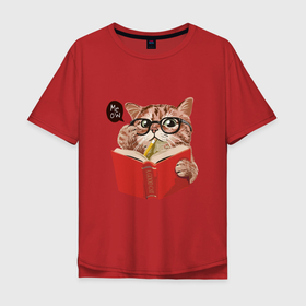Мужская футболка хлопок Oversize с принтом Умный кот в Курске, 100% хлопок | свободный крой, круглый ворот, “спинка” длиннее передней части | карандаш | книга | кот | котик | кошка | мысли | очки | пушистый | рыжий | создания | умный | ученый | чтение