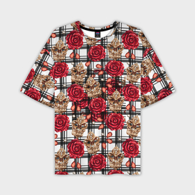 Мужская футболка oversize 3D с принтом Розы в клеточку в Новосибирске,  |  | Тематика изображения на принте: абстракция | паттерн | розы | текстуры | узоры | цветочки | цветы