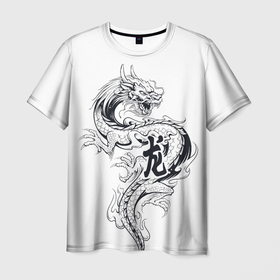 Мужская футболка 3D с принтом Китайский дракон на белом фоне в Екатеринбурге, 100% полиэфир | прямой крой, круглый вырез горловины, длина до линии бедер | Тематика изображения на принте: дракон | дракон на белом фоне | иероглиф | китайские иероглифы | китайские символы | китайский дракон | символ | символ дракона | японские иероглифы | японские символы