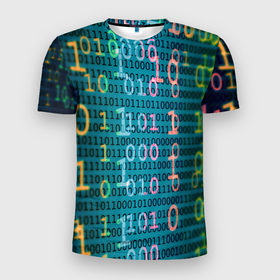 Мужская футболка 3D Slim с принтом Бинарный код в Новосибирске, 100% полиэстер с улучшенными характеристиками | приталенный силуэт, круглая горловина, широкие плечи, сужается к линии бедра | binary | code | бинарный | еденица | код | ноль | последовательность | программа