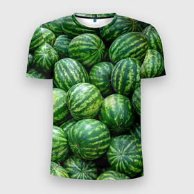 Мужская футболка 3D Slim с принтом Арбузы в Тюмени, 100% полиэстер с улучшенными характеристиками | приталенный силуэт, круглая горловина, широкие плечи, сужается к линии бедра | арбуз | арбузы | зеленый | много | текстура | фрукт | ягода