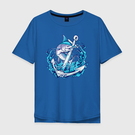 Мужская футболка хлопок Oversize с принтом Меч-рыба в Белгороде, 100% хлопок | свободный крой, круглый ворот, “спинка” длиннее передней части | Тематика изображения на принте: fish | волна | корабль | море | океан | рыба | рыба меч | рыбалка | рыбка | спининг | спиннинг | удочка | якорь | яхта