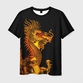 Мужская футболка 3D с принтом Золотой китайский дракон в Белгороде, 100% полиэфир | прямой крой, круглый вырез горловины, длина до линии бедер | Тематика изображения на принте: азиатский дракон | дракон | золотой | золотой азиатский дракон | золотой дракон | золотой китайский дракон | золотой японский дракон | китайский дракон | японский дракон