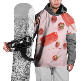 Накидка на куртку 3D с принтом Мороженое и клубника в Кировске, 100% полиэстер |  | вода | капля | клубника | лёд | мороженое | фрукт | холод | ягода