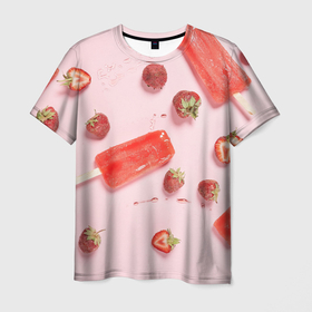 Мужская футболка 3D с принтом Мороженое и клубника , 100% полиэфир | прямой крой, круглый вырез горловины, длина до линии бедер | Тематика изображения на принте: вода | капля | клубника | лёд | мороженое | фрукт | холод | ягода