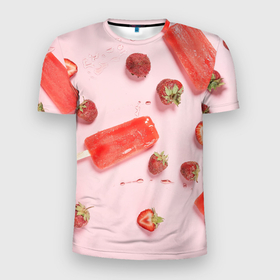 Мужская футболка 3D спортивная с принтом Мороженое и клубника в Белгороде, 100% полиэстер с улучшенными характеристиками | приталенный силуэт, круглая горловина, широкие плечи, сужается к линии бедра | вода | капля | клубника | лёд | мороженое | фрукт | холод | ягода