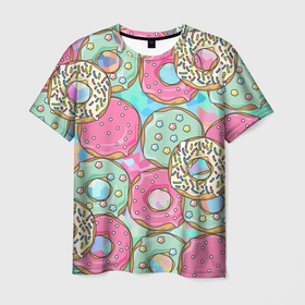 Мужская футболка 3D с принтом РазНоцветные Пончики в Новосибирске, 100% полиэфир | прямой крой, круглый вырез горловины, длина до линии бедер | еда | звездочки | лето | пончики | разноцветные | сладости