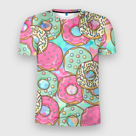 Мужская футболка 3D спортивная с принтом РазНоцветные Пончики в Санкт-Петербурге, 100% полиэстер с улучшенными характеристиками | приталенный силуэт, круглая горловина, широкие плечи, сужается к линии бедра | Тематика изображения на принте: еда | звездочки | лето | пончики | разноцветные | сладости