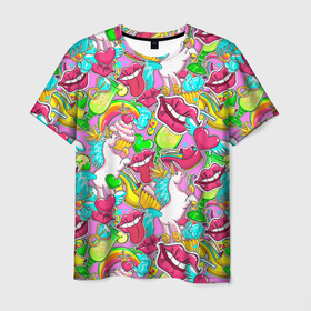 Мужская футболка 3D с принтом Губы фреш , 100% полиэфир | прямой крой, круглый вырез горловины, длина до линии бедер | губки | губы | единорог | зубы | коктейль | корона | краски | пирог | пирожное | поцелуй | радуга | разводы | розовый | сердце | сочный | туфли | улыбки | фрукты | цвет | цвета | язык