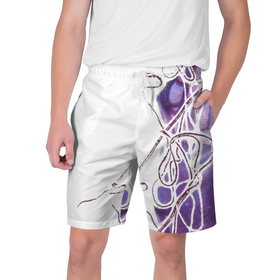 Мужские шорты 3D с принтом Фиолетовые нити в Санкт-Петербурге,  полиэстер 100% | прямой крой, два кармана без застежек по бокам. Мягкая трикотажная резинка на поясе, внутри которой широкие завязки. Длина чуть выше колен | абстракция | акварель | асимметрия | верёвки | морские узлы | нити | фиолетовый