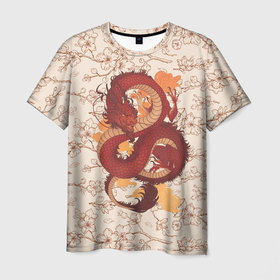 Мужская футболка 3D с принтом Китайский Дракон и Сакура , 100% полиэфир | прямой крой, круглый вырез горловины, длина до линии бедер | chinese dragon | dhina dragon | dragon | азиатский дракон | ветви сакуры | восточный дракон | дракон | китайские драконы | китайский дракон | красный дракон | сакура | традиционный китайский дракон | цветы