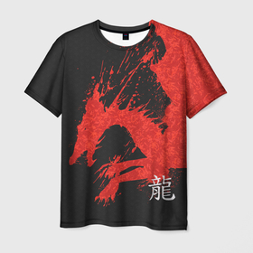 Мужская футболка 3D с принтом Китайский Дракон брызгами в Новосибирске, 100% полиэфир | прямой крой, круглый вырез горловины, длина до линии бедер | chinese dragon | dhina dragon | dragon | азиатский дракон | брызги | брызги крови | восточный дракон | дракон | дракон брызгами | китайские драконы | китайский дракон | красные брызги | красный дракон