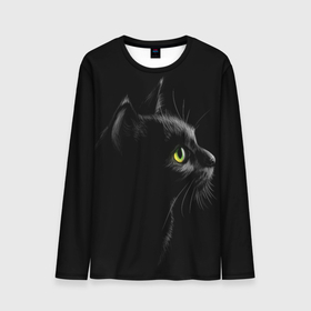 Мужской лонгслив 3D с принтом Черный кот в Екатеринбурге, 100% полиэстер | длинные рукава, круглый вырез горловины, полуприлегающий силуэт | взгляд | глаза | киса | киска | кот | котик | котяра | профиль | пушистый | усы