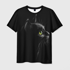 Мужская футболка 3D с принтом Черный кот в Белгороде, 100% полиэфир | прямой крой, круглый вырез горловины, длина до линии бедер | Тематика изображения на принте: взгляд | глаза | киса | киска | кот | котик | котяра | профиль | пушистый | усы