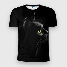 Мужская футболка 3D спортивная с принтом Черный кот в Екатеринбурге, 100% полиэстер с улучшенными характеристиками | приталенный силуэт, круглая горловина, широкие плечи, сужается к линии бедра | Тематика изображения на принте: взгляд | глаза | киса | киска | кот | котик | котяра | профиль | пушистый | усы