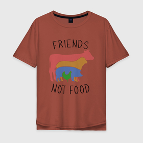Мужская футболка хлопок Oversize с принтом Друзья не еда в Петрозаводске, 100% хлопок | свободный крой, круглый ворот, “спинка” длиннее передней части | green | greenpaece | nature | sport | vegan | yoga | веган | вегетарианец | гринпис | еда | животные | жизнь | здоровье | зеленый | йога | корова | мир | овощи | пища | планета | природа | растение | спорт | тело | фрукты