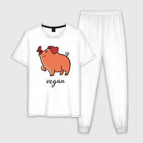 Мужская пижама хлопок с принтом Pig Vegan в Петрозаводске, 100% хлопок | брюки и футболка прямого кроя, без карманов, на брюках мягкая резинка на поясе и по низу штанин
 | Тематика изображения на принте: green | greenpaece | nature | sport | vegan | yoga | веган | вегетарианец | гринпис | еда | животные | жизнь | здоровье | зеленый | йога | мир | овощи | пища | планета | природа | растение | свинья | спорт | тело | фрукты