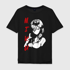 Мужская футболка хлопок Oversize с принтом MIKU SF в Тюмени, 100% хлопок | свободный крой, круглый ворот, “спинка” длиннее передней части | бело красный | глаза | лицо | мику | наушники | смотрит