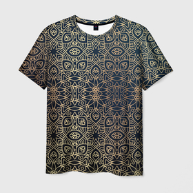 Мужская футболка 3D с принтом ПерсидСкие Узоры в Новосибирске, 100% полиэфир | прямой крой, круглый вырез горловины, длина до линии бедер | Тематика изображения на принте: абстракция | золотистая | золото | узор | узоры