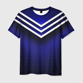 Мужская футболка 3D с принтом Sport blue style  в Белгороде, 100% полиэфир | прямой крой, круглый вырез горловины, длина до линии бедер | blue | grid | honeycombs | lines | sport style | белые линий | сетка | синий | соты