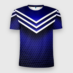 Мужская футболка 3D спортивная с принтом Sport blue style  в Тюмени, 100% полиэстер с улучшенными характеристиками | приталенный силуэт, круглая горловина, широкие плечи, сужается к линии бедра | blue | grid | honeycombs | lines | sport style | белые линий | сетка | синий | соты