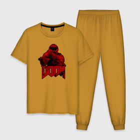 Мужская пижама хлопок с принтом DOOM (RED) в Петрозаводске, 100% хлопок | брюки и футболка прямого кроя, без карманов, на брюках мягкая резинка на поясе и по низу штанин
 | Тематика изображения на принте: doom | doom eternal | doom monster | eternal | дум | дуум