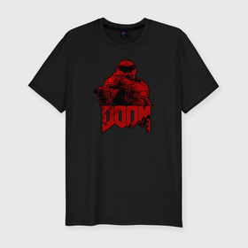 Мужская футболка хлопок Slim с принтом DOOM (RED) в Белгороде, 92% хлопок, 8% лайкра | приталенный силуэт, круглый вырез ворота, длина до линии бедра, короткий рукав | doom | doom eternal | doom monster | eternal | дум | дуум