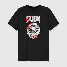 Мужская футболка хлопок Slim с принтом DOOM (SLAYERS) в Тюмени, 92% хлопок, 8% лайкра | приталенный силуэт, круглый вырез ворота, длина до линии бедра, короткий рукав | doom | doom eternal | doom monster | eternal | дум | дуум
