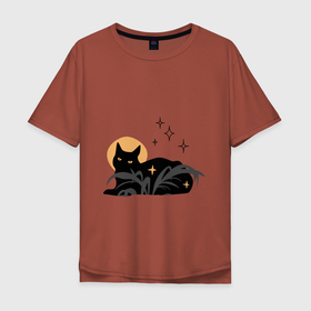 Мужская футболка хлопок Oversize с принтом Кот в Курске, 100% хлопок | свободный крой, круглый ворот, “спинка” длиннее передней части | блёстки | кот | котик | коты | кошечка | кошка | кошки | листья | пальма