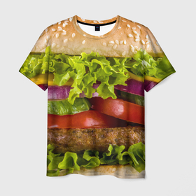 Мужская футболка 3D с принтом Бургер , 100% полиэфир | прямой крой, круглый вырез горловины, длина до линии бедер | Тематика изображения на принте: биг мак | бигмак | бургер | мясо | салат | чизбургер