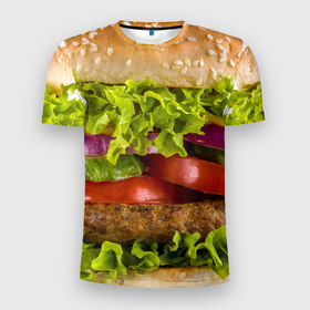 Мужская футболка 3D спортивная с принтом Бургер , 100% полиэстер с улучшенными характеристиками | приталенный силуэт, круглая горловина, широкие плечи, сужается к линии бедра | биг мак | бигмак | бургер | мясо | салат | чизбургер