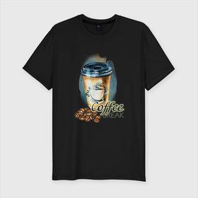 Мужская футболка хлопок Slim с принтом Coffee break в Санкт-Петербурге, 92% хлопок, 8% лайкра | приталенный силуэт, круглый вырез ворота, длина до линии бедра, короткий рукав | coffee | зерна | кофе | кофейные | кофейные зерна | кофейный | любителю кофе | люблю кофе | стаканчик | чашка кофе