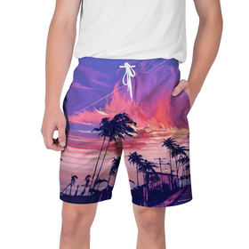 Мужские шорты 3D с принтом Пейзаж в Курске,  полиэстер 100% | прямой крой, два кармана без застежек по бокам. Мягкая трикотажная резинка на поясе, внутри которой широкие завязки. Длина чуть выше колен | америка | закат | летний | лето | майами | море | пальмы | пейзаж | пляж | рассвет