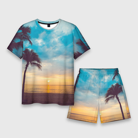 Мужской костюм с шортами 3D с принтом Пейзаж в Петрозаводске,  |  | америка | закат | летний | лето | майами | море | пальмы | пейзаж | пляж | рассвет