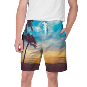 Мужские шорты 3D с принтом Пейзаж ,  полиэстер 100% | прямой крой, два кармана без застежек по бокам. Мягкая трикотажная резинка на поясе, внутри которой широкие завязки. Длина чуть выше колен | америка | закат | летний | лето | майами | море | пальмы | пейзаж | пляж | рассвет