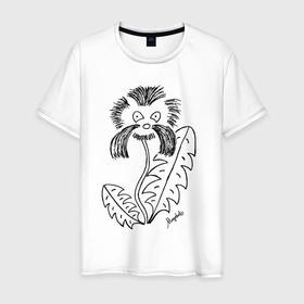 Мужская футболка хлопок с принтом Усатый одуван в Тюмени, 100% хлопок | прямой крой, круглый вырез горловины, длина до линии бедер, слегка спущенное плечо. | magobato | авторский | одуванчик | растения | усы | цветы | юмор