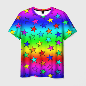 Мужская футболка 3D с принтом Радужные звезды в Новосибирске, 100% полиэфир | прямой крой, круглый вырез горловины, длина до линии бедер | Тематика изображения на принте: baby | children | girl | gradient | kids | neon | rainbow | space | stars | градиент | девчачие | девчачье | детские | детский рисунок | звездочки | звезды | космос | красочные | малышам | неоновые | ночные | радуга | разноцветные