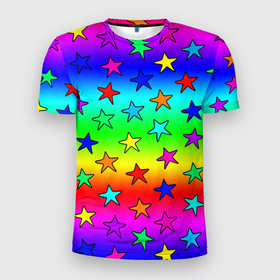 Мужская футболка 3D Slim с принтом Радужные звезды в Петрозаводске, 100% полиэстер с улучшенными характеристиками | приталенный силуэт, круглая горловина, широкие плечи, сужается к линии бедра | baby | children | girl | gradient | kids | neon | rainbow | space | stars | градиент | девчачие | девчачье | детские | детский рисунок | звездочки | звезды | космос | красочные | малышам | неоновые | ночные | радуга | разноцветные