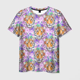 Мужская футболка 3D с принтом Тигр в цветах в Петрозаводске, 100% полиэфир | прямой крой, круглый вырез горловины, длина до линии бедер | Тематика изображения на принте: абстракция | крупная кошка | паттерн | текстуры | тигр | тигры | узоры