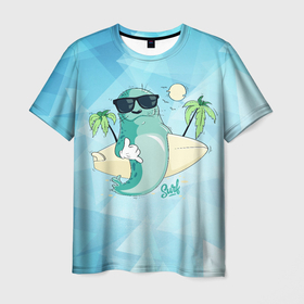 Мужская футболка 3D с принтом Surf в Новосибирске, 100% полиэфир | прямой крой, круглый вырез горловины, длина до линии бедер | арт | графика | животные | лето | морской котик | пальмы | сёрфинг