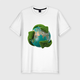 Мужская футболка хлопок Slim с принтом Чистая планета в Тюмени, 92% хлопок, 8% лайкра | приталенный силуэт, круглый вырез ворота, длина до линии бедра, короткий рукав | зеленая планета | переработка | планета | сортировка | сортировка мусора | стрелочки | чистая планета | экология