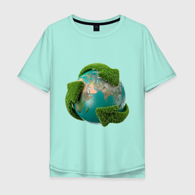 Мужская футболка хлопок Oversize с принтом Чистая планета в Екатеринбурге, 100% хлопок | свободный крой, круглый ворот, “спинка” длиннее передней части | зеленая планета | переработка | планета | сортировка | сортировка мусора | стрелочки | чистая планета | экология