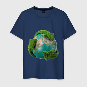 Мужская футболка хлопок с принтом Чистая планета в Белгороде, 100% хлопок | прямой крой, круглый вырез горловины, длина до линии бедер, слегка спущенное плечо. | Тематика изображения на принте: зеленая планета | переработка | планета | сортировка | сортировка мусора | стрелочки | чистая планета | экология