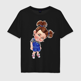 Мужская футболка хлопок Oversize с принтом Кокетка в Новосибирске, 100% хлопок | свободный крой, круглый ворот, “спинка” длиннее передней части | девочка | детский | кокетка | комбинезон | лето | прическа | ребенок | синий | улыбка | юмор