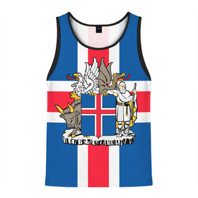 Мужская майка 3D с принтом Флаг и Герб Исландии в Курске, 100% полиэстер | круглая горловина, приталенный силуэт, длина до линии бедра. Пройма и горловина окантованы тонкой бейкой | бык | герб | грифон | дракон | исландии | исландия | коровы | красный | линии | орел | пастух | синий | флаг