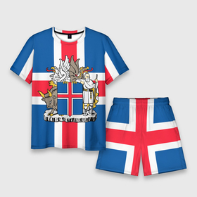Мужской костюм с шортами 3D с принтом Флаг и Герб Исландии в Новосибирске,  |  | бык | герб | грифон | дракон | исландии | исландия | коровы | красный | линии | орел | пастух | синий | флаг