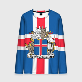 Мужской лонгслив 3D с принтом Флаг и Герб Исландии , 100% полиэстер | длинные рукава, круглый вырез горловины, полуприлегающий силуэт | бык | герб | грифон | дракон | исландии | исландия | коровы | красный | линии | орел | пастух | синий | флаг